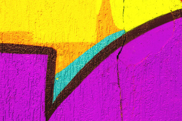 Naklejka premium Abstract geometric street art in bright purple, yellow, orange with turquoise. Modern 2000s, Y2K style, fluorescent colors, bold shapes. Background texture, digital art, creative banner, web site