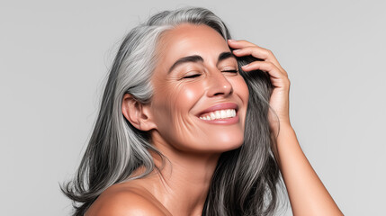 Fototapeta premium Happy woman with shiny hydrated silver gray hair touching head. Joyful beauty portrait, luxury haircare treatment results, healthy glossy hair, aging gracefully, confidence empowerment wellness.