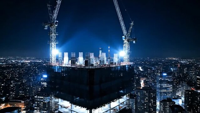 Cityscape construction site at night with cranes and skyscrapers under development