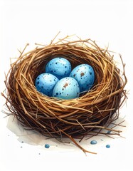 Obraz premium Bird Nest with Speckled Blue Eggs Isolated on White Background