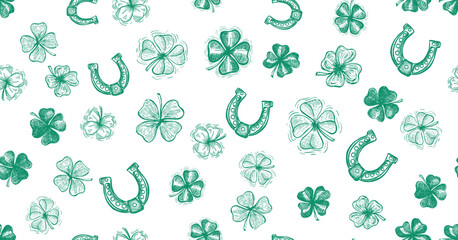 Clover and horseshoe pattern on white. Patricks Day. Hand drawn illustrations