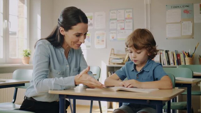 Teacher kneeling beside a young student, guiding him through a book in a bright classroom