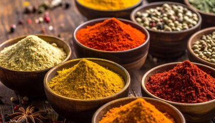 Fototapeta premium Vibrant spices in wooden bowls showcase rich colors and textures, arranged neatly on a rustic wooden surface