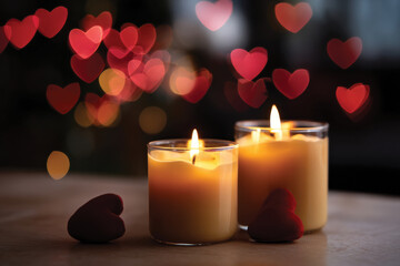 Two candles flickering softly, surrounded by charming heart-shaped bokeh lights, creating a warm, romantic ambiance suitable for intimate settings and celebrations.