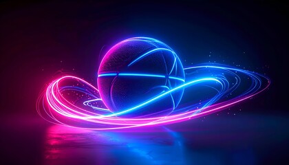 A neon-lit basketball surrounded by vibrant glowing arcs against a dark background, creating a dynamic effect