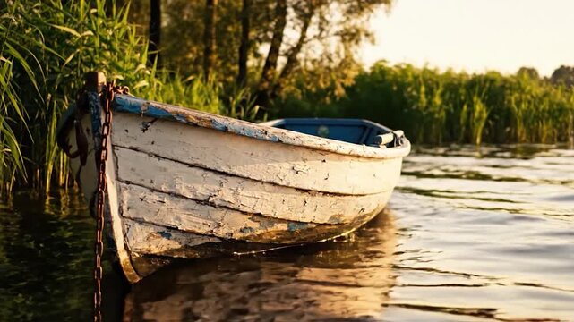 An old, peeling white rowboat bobs gently on calm water at sunset