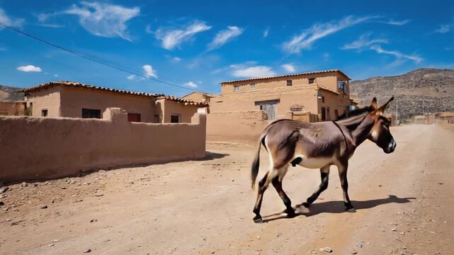 Donkey in a village.