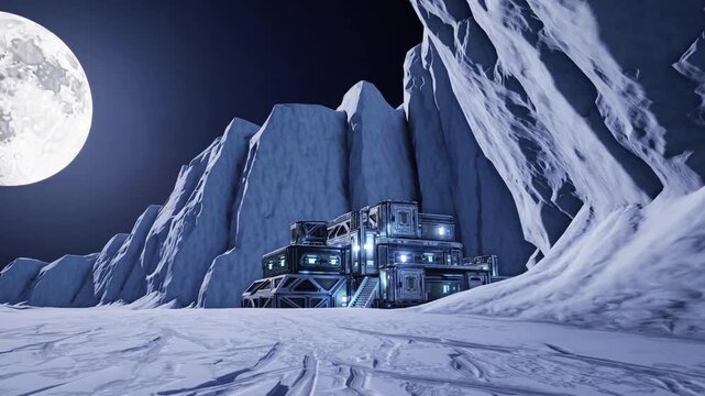 Futuristic metal research base with blue lights stands alone on snowy alien plateau between towering ice cliffs under enormous full moon, concept of a scientific space expedition and isolation