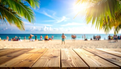 Fototapeta premium A scenic beach view with a wooden table in the foreground, vibrant palm leaves, and a lively shoreline