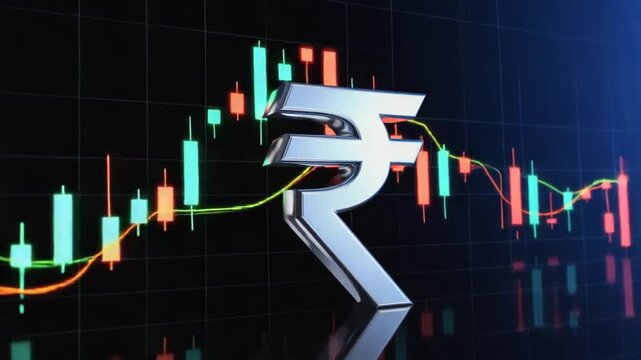 Indian rupee with a stock market chart.
