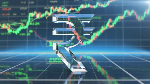 Indian rupee with a stock market chart.