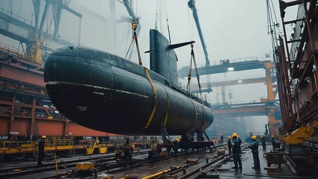 Building a submarine in a shipyard.