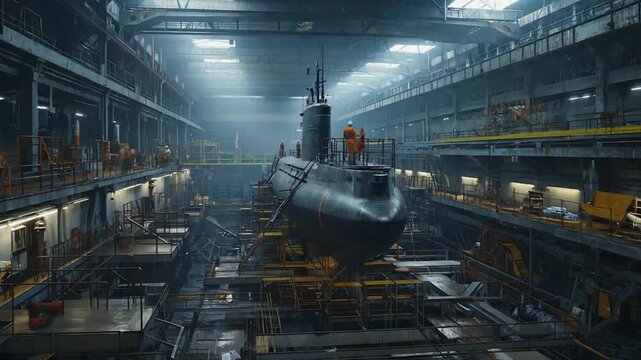 Building a submarine in a shipyard.