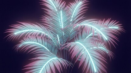 Fototapeta premium Glowing neon palm tree with pink and blue leaves, tropical overlay effect for website or presentation