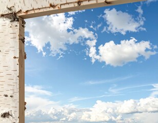 Birch Wood Frame Against Blue Sky with Fluffy Clouds Bright Day