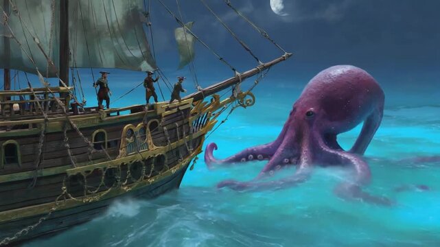 Giant octopus attacks a pirate ship.