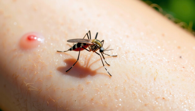 Mosquito on human skin with bite reaction showcasing insect interaction and nature study