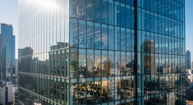 Modern Office Space in a Tall Glass Skyscraper Featuring Sunlight, City Views, and Lush Greenery