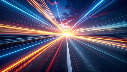 A vibrant sunset is captured as lights streak along a road, creating a surreal feeling of speed and motion