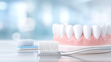 A captivating view of immaculate teeth showcased with two toothbrushes on a sleek surface. The bright clinic ambiance highlights the importance of dental care and hygiene