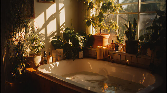 Relaxing bathroom scene with plants and natural products, cozy hygge atmosphere, warm lighting, Kodak Portra 400 emulation