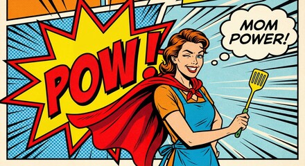 Classic comic book Pop Art style of a superhero mother wearing a red cape and holding a spatula with a powerful Mom Power message © Nguyen Tuan