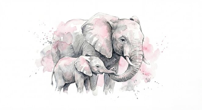Artistic watercolor painting of a mother elephant and her calf bonding together with soft pink and grey splashes, symbolizing motherhood