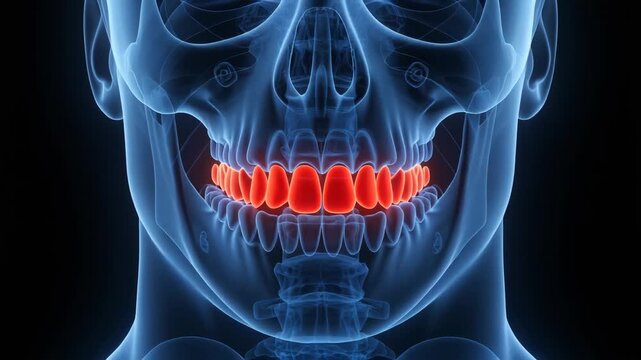 Medical X-ray visualization of human skull with upper teeth highlighted red indicating dental pain or infection.
