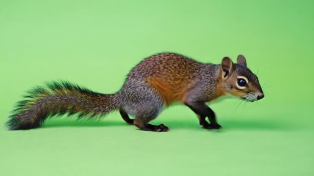 Cute squirrel standing on green background with fluffy tail
