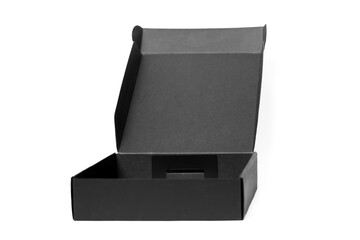 Empty Black Cardboard Box. Studio-style photograph of an open box against a white background