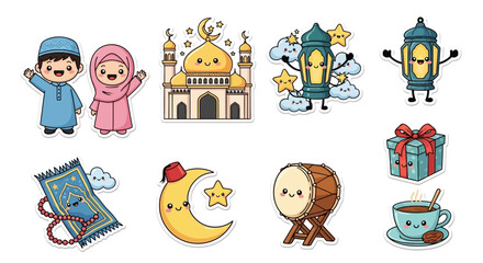 Fototapeta premium A vibrant cartoon illustration of a magical flying carpet carrying a golden teapot and dates in a clear blue sky.