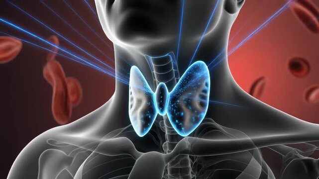 Digital visualization of the human thyroid gland actively regulating hormones within the neck, surrounded by circulating red blood cells, highlighting its vital function.