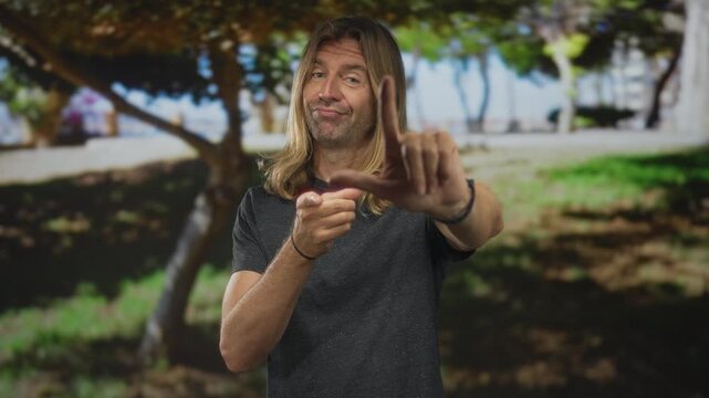 Blond man with long hair makes loser gesture with his right hand and points forefinger in green forest; mockery.