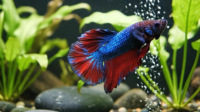 Vivid betta fish with flowing fins in an aquarium setting