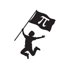 Joyful Child Jumping with a Flag Bearing the Pi Symbol, Celebrating Pi Day and Educational Achievement.