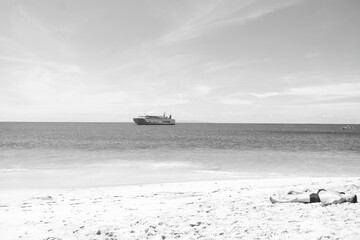 Obraz premium On a sandy beach overlooking the ocean, black and white