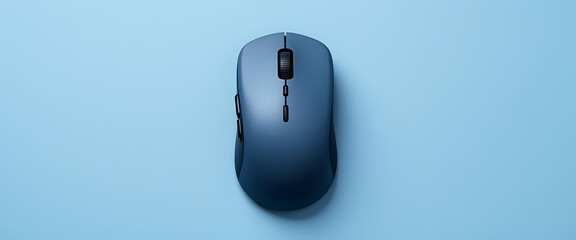 Blue Wireless Computer Mouse on a Light Blue Background, Technology Concept