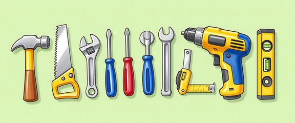 Illustrated Assortment of Hand Tools for Construction and Home Improvement, on green