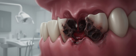 Detailed Illustration of Severe Tooth Decay and Dental Problems in a Mouth, Healthcare Concept