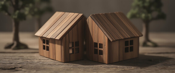Wooden Toy Houses Together with Trees on a Rustic Background Representing Home and Security