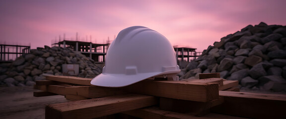 Construction Site Safety: White Hard Hat on Wooden Beams with Dusk Sky, Building Concept