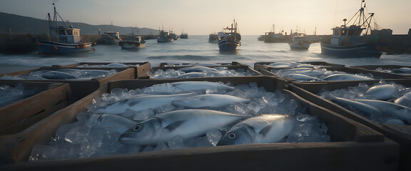 Freshly Caught Fish in Crates at a Fishing Harbor with Boats and the Sea