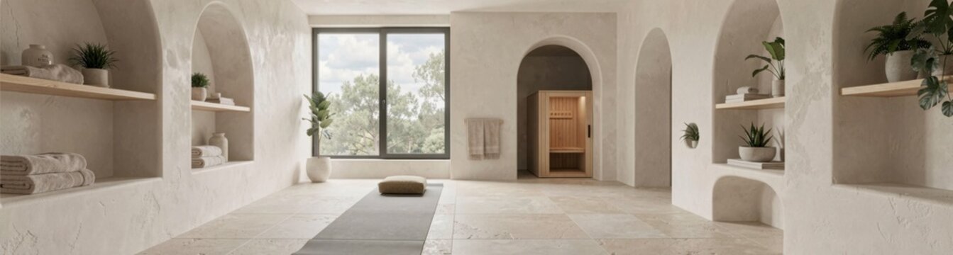 Minimalist scandinavian spa room with sauna and yoga mat in bright natural lighting
