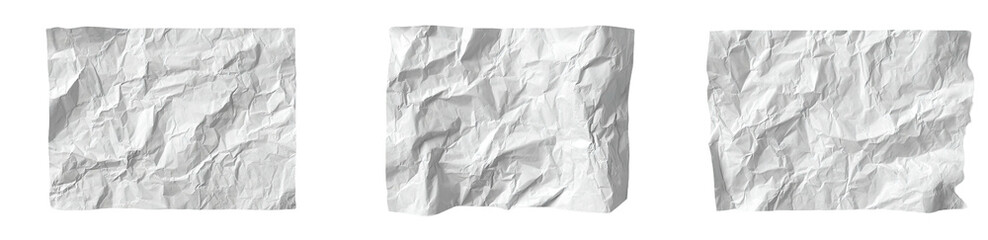 Three rectangular crumpled white papers on a black background, with torn edges