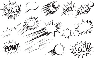 Comic Action Effect Collection: Dynamic "POW!" and "BOOM!" Onomatopoeia Sound FX, High-Velocity Motion Streaks, and Graphic Novel Scene Elements © X Collection