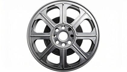 Fototapeta premium Overhead Shot of Silver Film Reel on White Background with Detailed Inner Gears