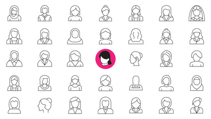 Obraz premium Set of female avatar line icons, thin linear icons of women's professions and lifestyle vector illustration 