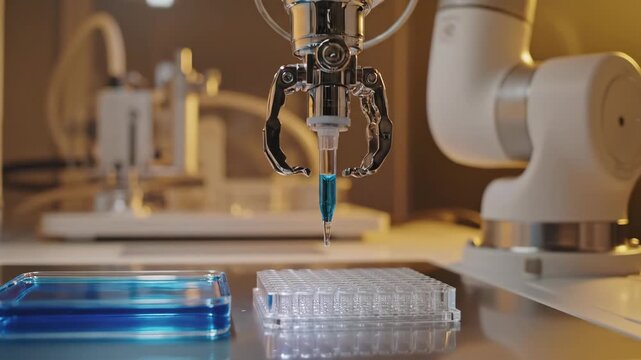 Automated Robotic Arm Precisely Dispensing Blue Liquid Into Microplate In Laboratory Setting