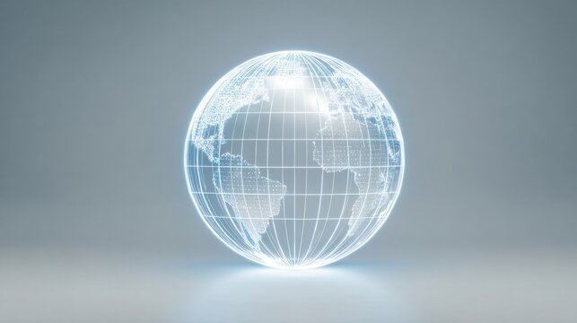 hyper realistic glowing digital globe, thin luminous latitude and longitude lines, soft blue and white light, floating on light grey background