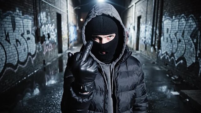 Masked figure in alley throws middle finger